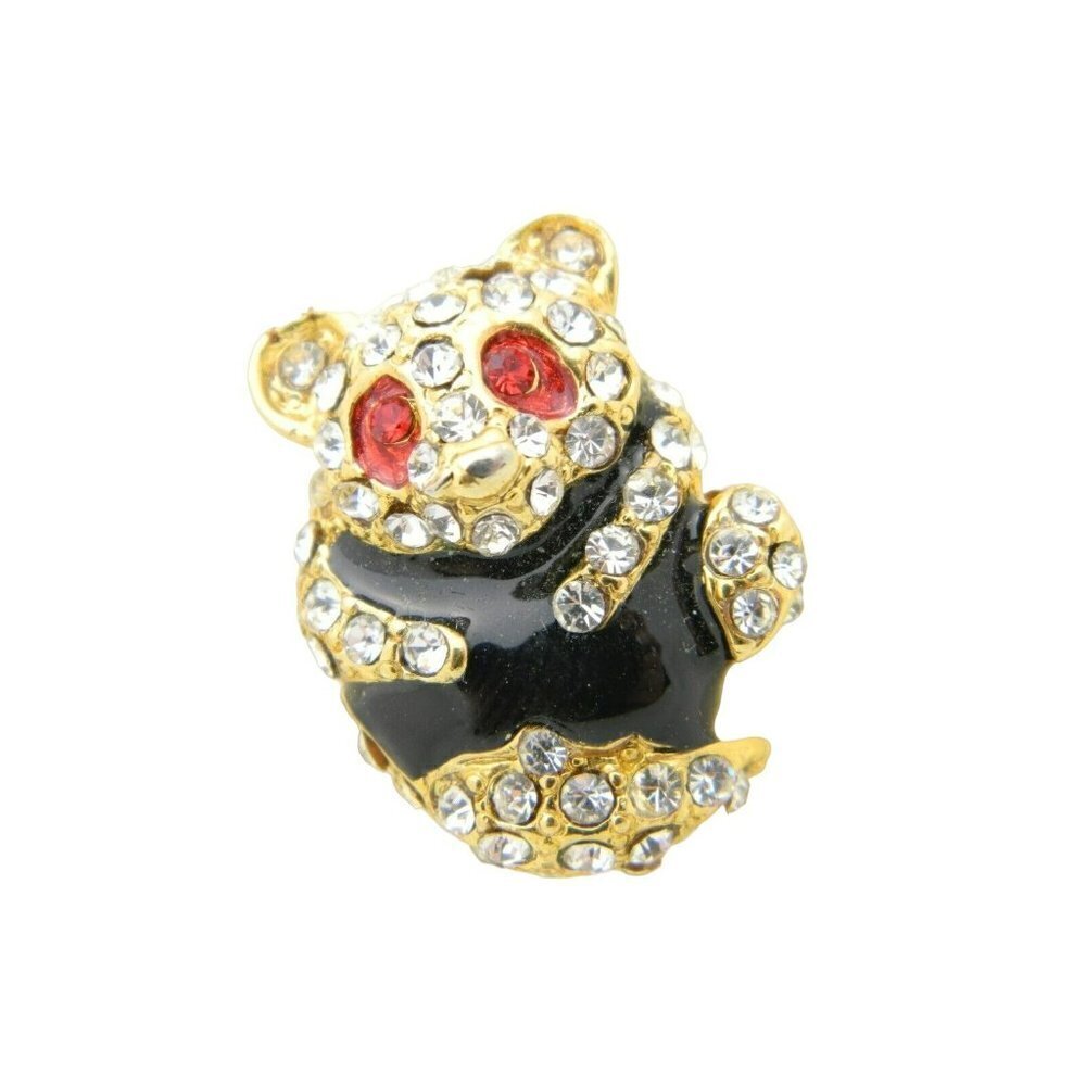 VTG Gold Tone Clear Red Rhinestone Black Enamel Panda Pin Brooch New Old Stock
